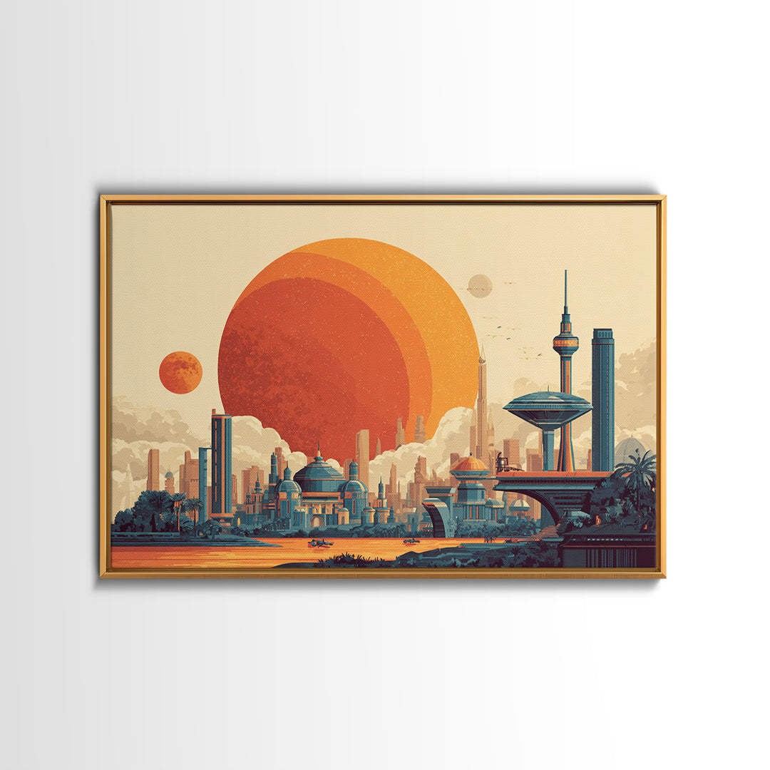 Futuristic Planet Skyline With Domed City Wall Art, Mid Century Modern Poster, Retro Sci Fi Print, Colorful Home Decor Print
