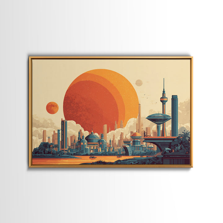 Futuristic Planet Skyline With Domed City Wall Art, Mid Century Modern Poster, Retro Sci Fi Print, Colorful Home Decor Print