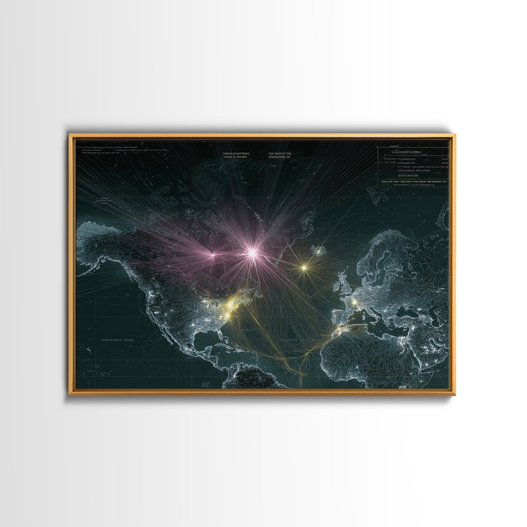 Glowing World Map Network Lights Wall Art, Modern Digital Data Artwork, Global Travel Decor, Sci Fi Space Framed Canvas Print