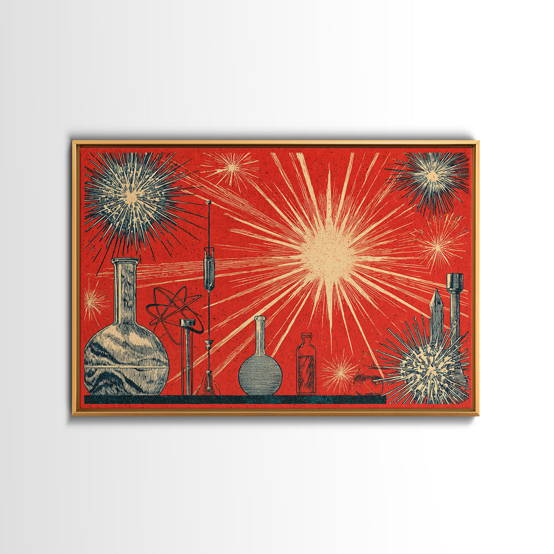 Atomic Science Lab Starburst Canvas Print, Midcentury Modern Art, Retro Wall Art, 1950s Design, Red Office Decor Poster Print