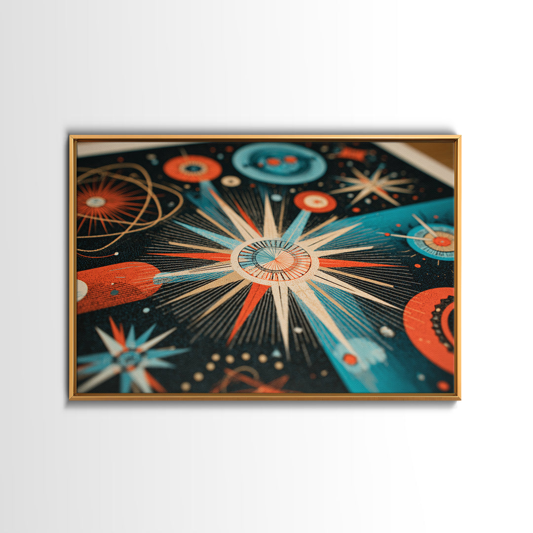 Teal Orange Atomic Starburst Framed Canvas Print, Midcentury Modern Wall Art, Retro Art Print, Space Age MCM Home Decor Poster