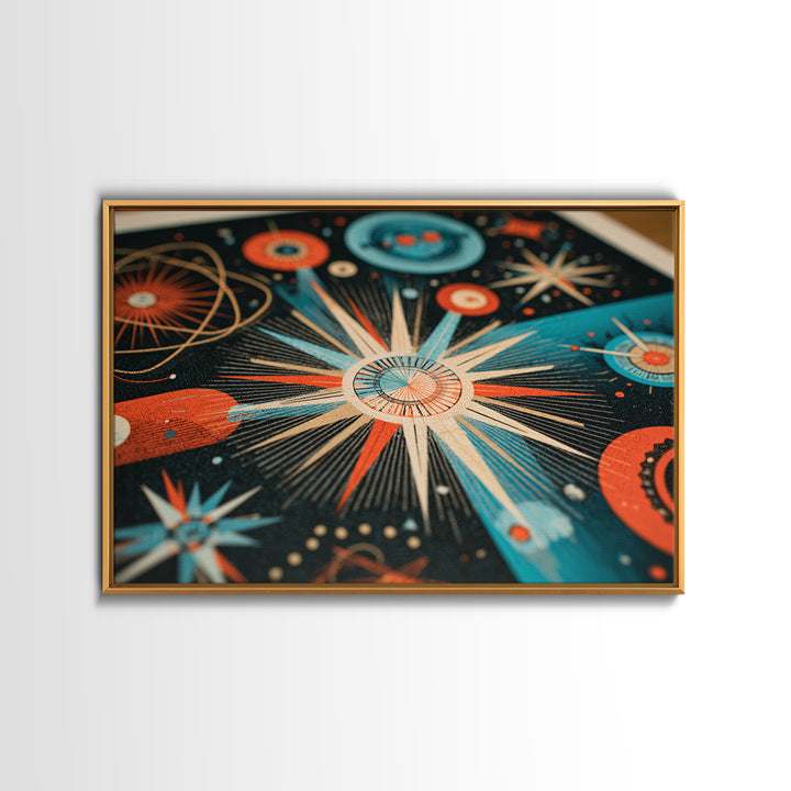 Teal Orange Atomic Starburst Framed Canvas Print, Midcentury Modern Wall Art, Retro Art Print, Space Age MCM Home Decor Poster