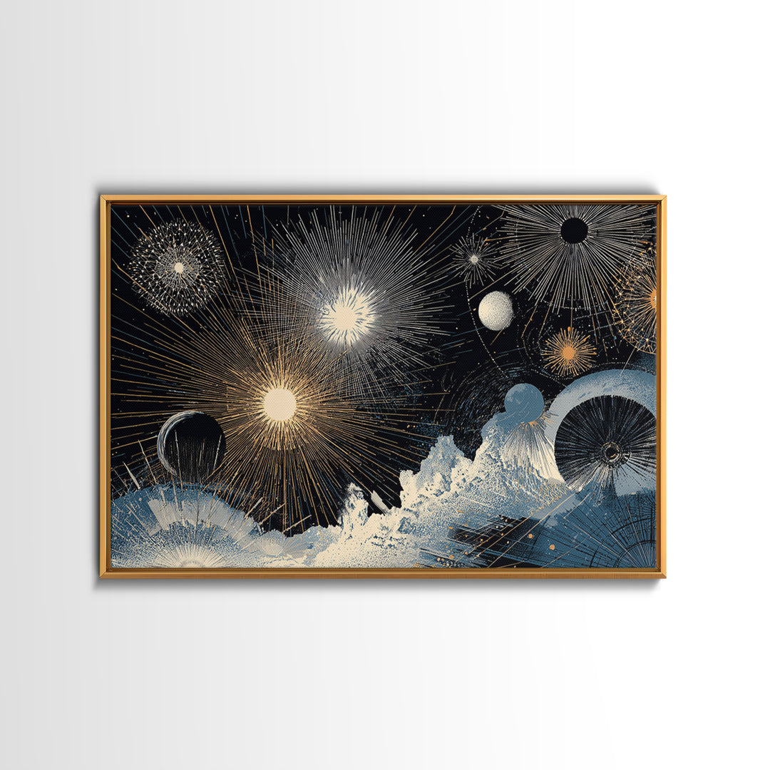Night Sky Fireworks Over Ocean Waves Canvas Print, Celestial Wall Art, Modern Abstract Art, Blue Gold Living Room Decor Poster