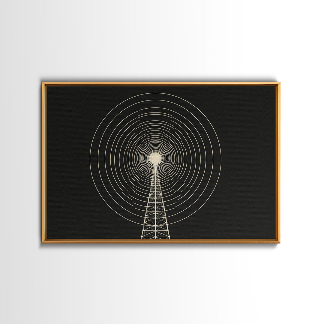 Radio Tower Concentric Signal Wall Art, Black And Cream Midcentury Modern Print, Minimalist Retro Science Office Decor Poster