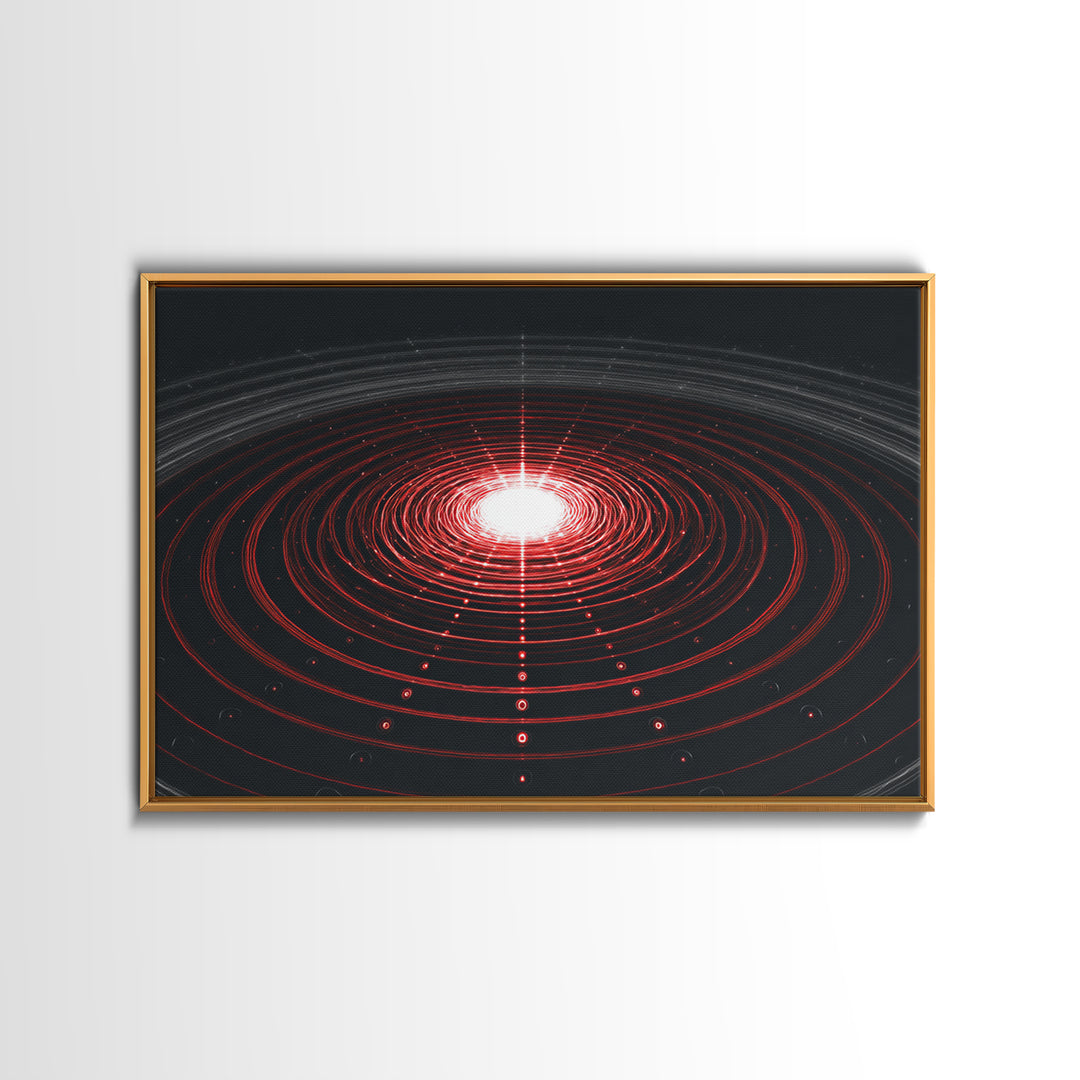 Glowing Red Orbit Disk Wall Art, Sci Fi Abstract Canvas Print, Futuristic Midcentury Modern Poster, Black Office Decor Print