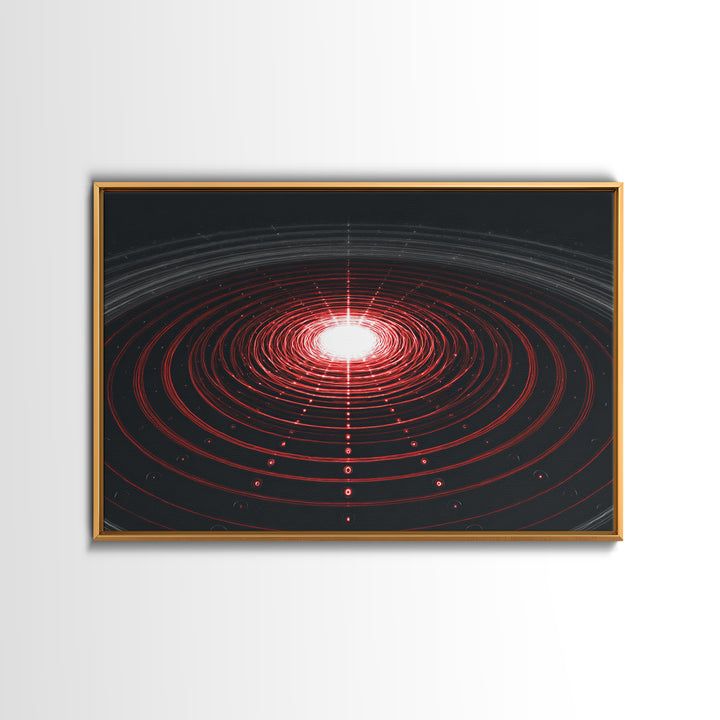 Glowing Red Orbit Disk Wall Art, Sci Fi Abstract Canvas Print, Futuristic Midcentury Modern Poster, Black Office Decor Print