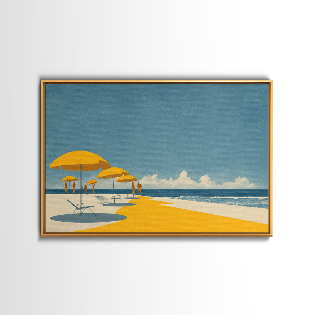 Yellow Beach Umbrellas And Blue Sea Wall Art, Retro Travel Canvas Print, Coastal Summer Poster, Bright Living Room Decor