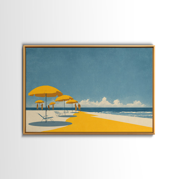 Yellow Beach Umbrellas And Blue Sea Wall Art, Retro Travel Canvas Print, Coastal Summer Poster, Bright Living Room Decor