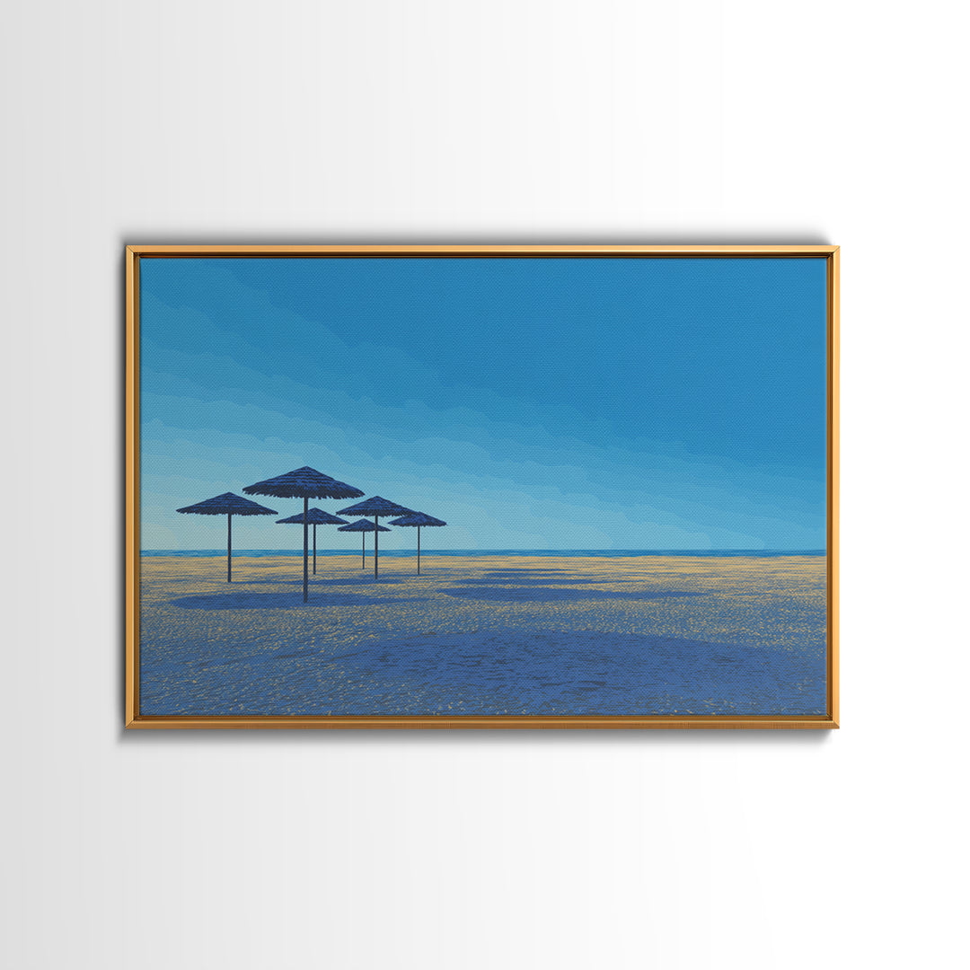 Blue Shoreline Umbrellas Wall Art, Minimal Coastal Canvas Print, Midcentury Modern Travel Poster, Calm Beach House Decor