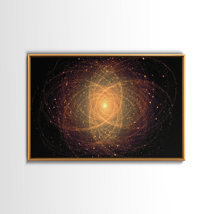 Golden Atomic Particle Orb Wall Art, Modern Abstract Art Print, Space Abstract Art, Midcentury Decor, Framed Canvas Print
