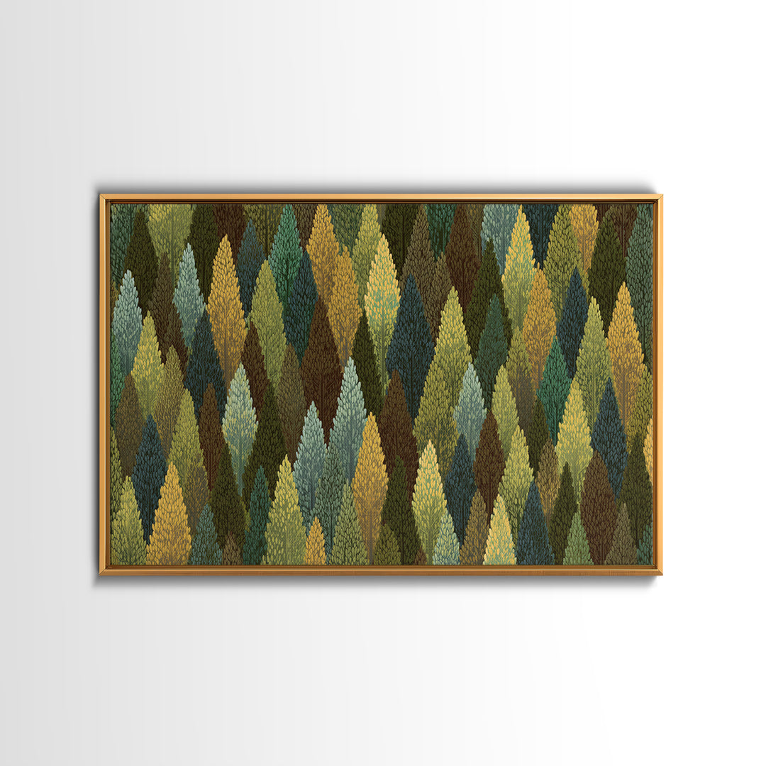 Textured Green Gold Forest Wall Art, Scandinavian Midcentury Modern Art Print, Nature Landscape Decor For Living Room Office