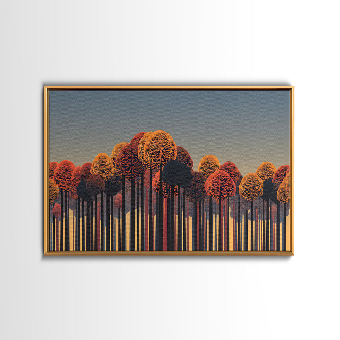 Autumn Orange Red Treeline Wall Art, Bold Midcentury Modern Canvas Print, Retro Forest Decor For Living Room Home Office