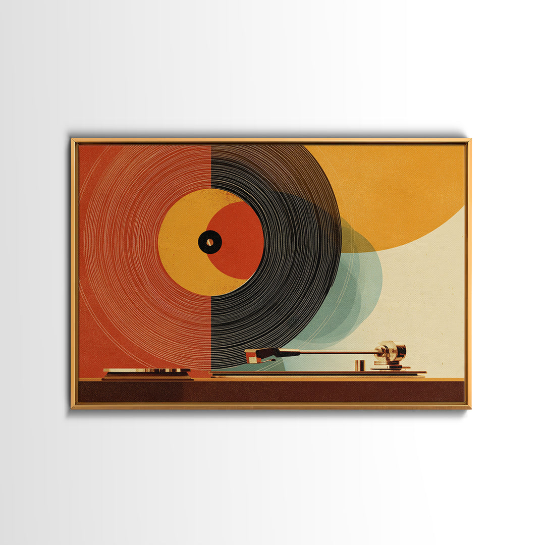Orange Vinyl Turntable Abstract Wall Art, Mid Century Modern Music Poster, Retro Record Player Decor, Bold MCM Home Decor