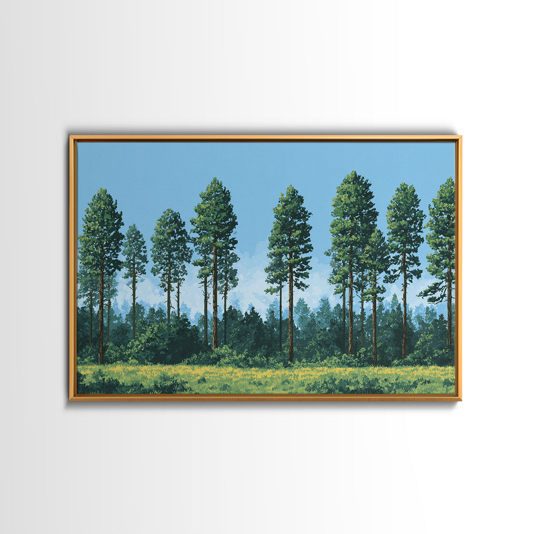 Tall Pine Forest Meadow Wall Art, Nature Landscape Canvas Print, Midcentury Modern Decor For Cabin Living Room Office Art