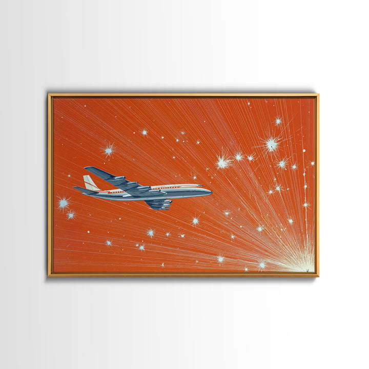 Orange Starburst Jet Canvas Print, Midcentury Modern Wall Art, Retro Aviation Poster, Bold Atomic Travel Decor Gift For Him