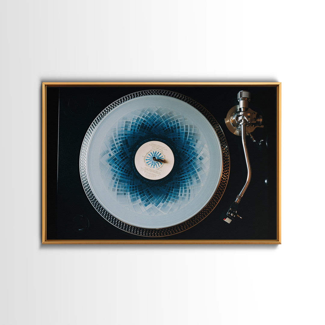 Blue Spirograph Vinyl Record Framed Canvas Print, Modern Music Wall Decor, Turntable Photography, Geometric MCM Art Print