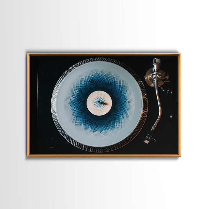 Blue Spirograph Vinyl Record Framed Canvas Print, Modern Music Wall Decor, Turntable Photography, Geometric MCM Art Print