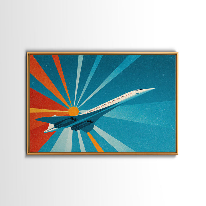 Retro Jet Sunrise Rays Canvas Print, Midcentury Modern Wall Art, Atomic Aviation Poster, Teal Orange Travel Decor Gift For Him