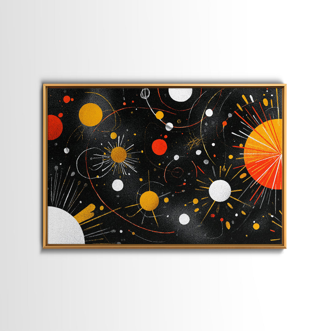 Atomic Black Cosmic Orbits With Red And Gold Suns Wall Art, Mid Century Modern Space Abstract Print, Retro MCM Wall Decor