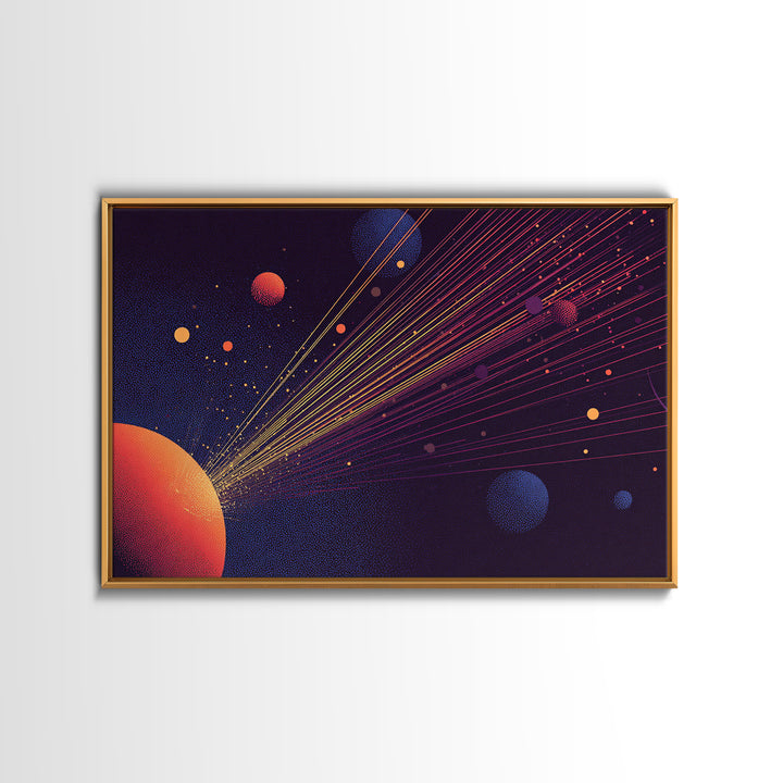 Orange Planet With Laser Orbit Lines Canvas Print, Mid Century Modern Space Poster, Retro Sci Fi Wall Art, MCM Room Decor