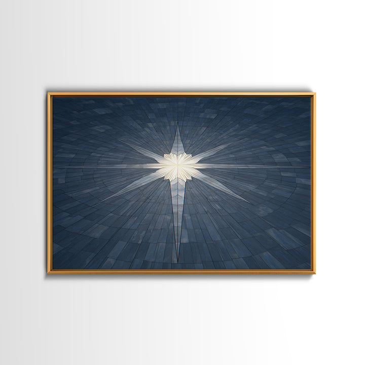 Glowing Star On Blue Geometric Tiles Canvas Print, Modern Wall Art, Abstract Architectural Decor, Minimalist MCM Poster Print