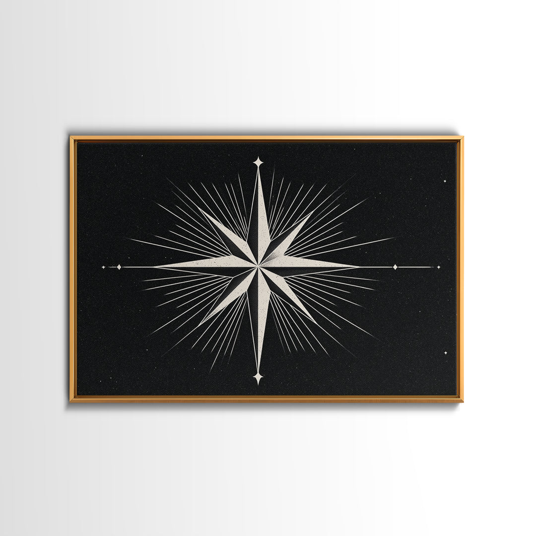 White Compass Star On Black Speckled Sky Wall Art, Mid Century Modern Abstract Print, Minimalist Retro Geometric Wall Decor