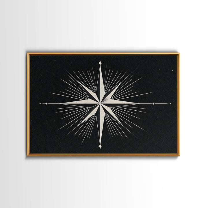 White Compass Star On Black Speckled Sky Wall Art, Mid Century Modern Abstract Print, Minimalist Retro Geometric Wall Decor