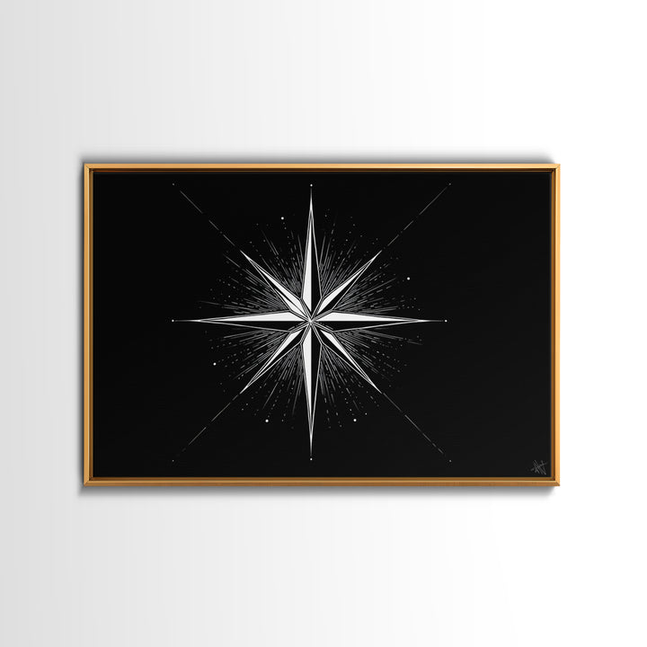 Sharp White Starburst On Deep Black Canvas Print, Minimalist Geometric Wall Art, Modern Abstract Poster, Retro MCM Decor