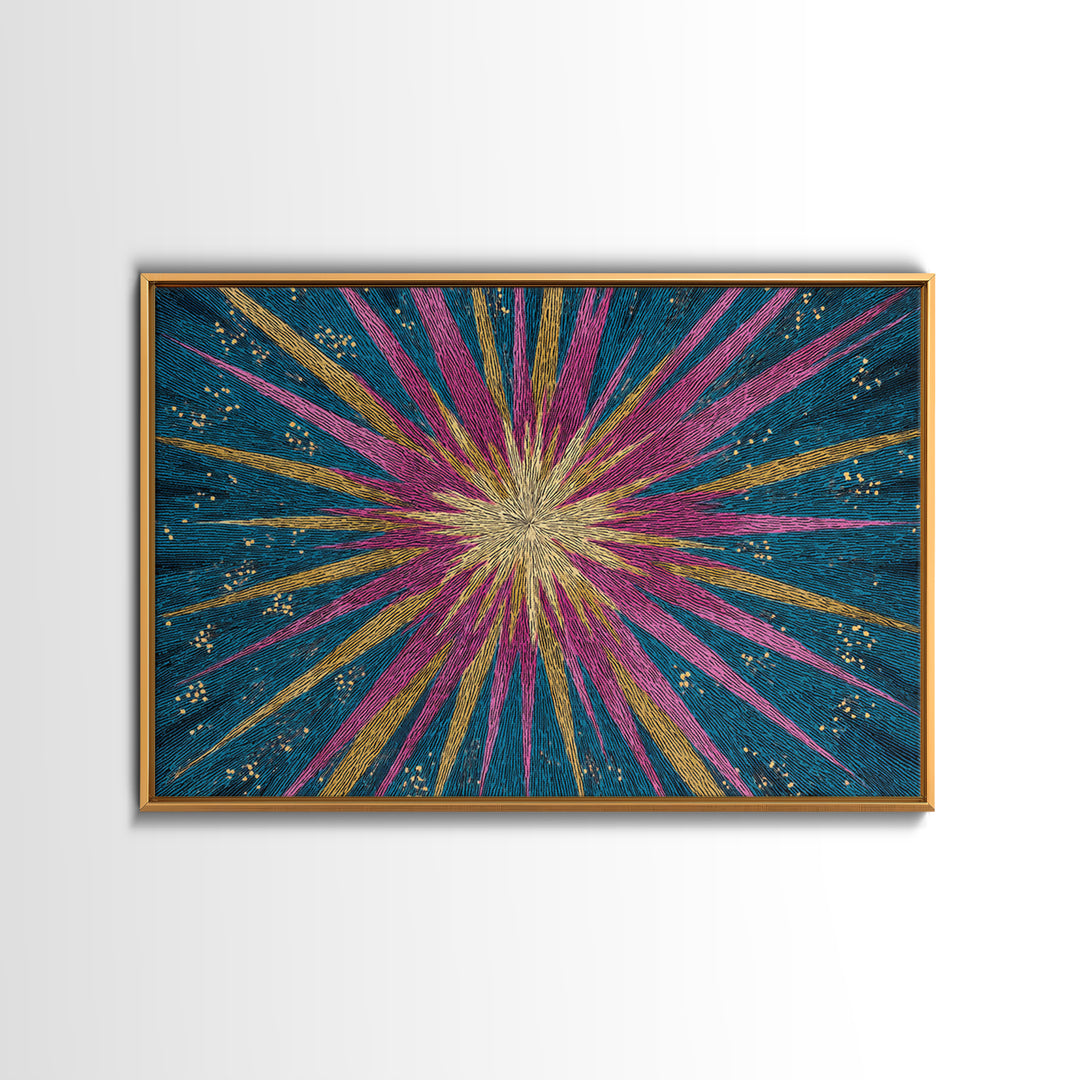 Teal Pink Gold Radiating Star Lines Framed Canvas Print, Modern Abstract Wall Art, Colorful Mid Century Modern MCM Decor Poster
