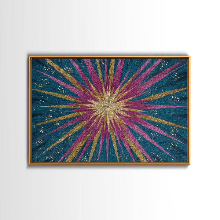 Teal Pink Gold Radiating Star Lines Framed Canvas Print, Modern Abstract Wall Art, Colorful Mid Century Modern MCM Decor Poster