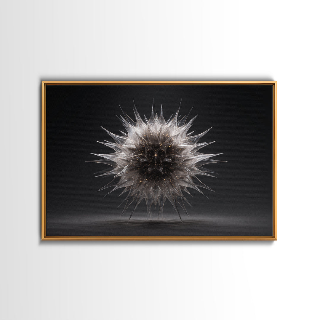 Silver Thorn Sphere Framed Canvas Print, Modern Abstract Art, Black Wall Decor, Sci Fi Sculpture Poster, Masculine Home Office Art
