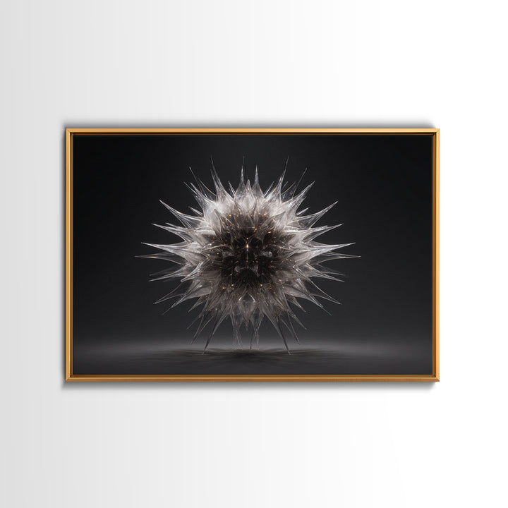 Silver Thorn Sphere Framed Canvas Print, Modern Abstract Art, Black Wall Decor, Sci Fi Sculpture Poster, Masculine Home Office Art