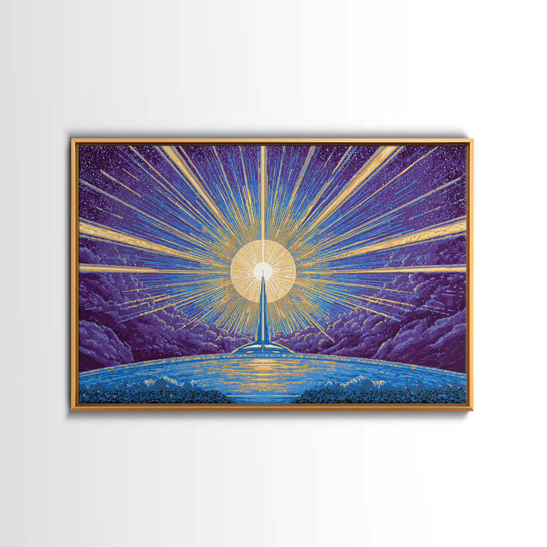 Radiant Rocket Sunrise Wall Art, Retro Sci Fi Poster, Mid Century Modern Art Print, Blue Yellow Space Decor, Space Abstract Art