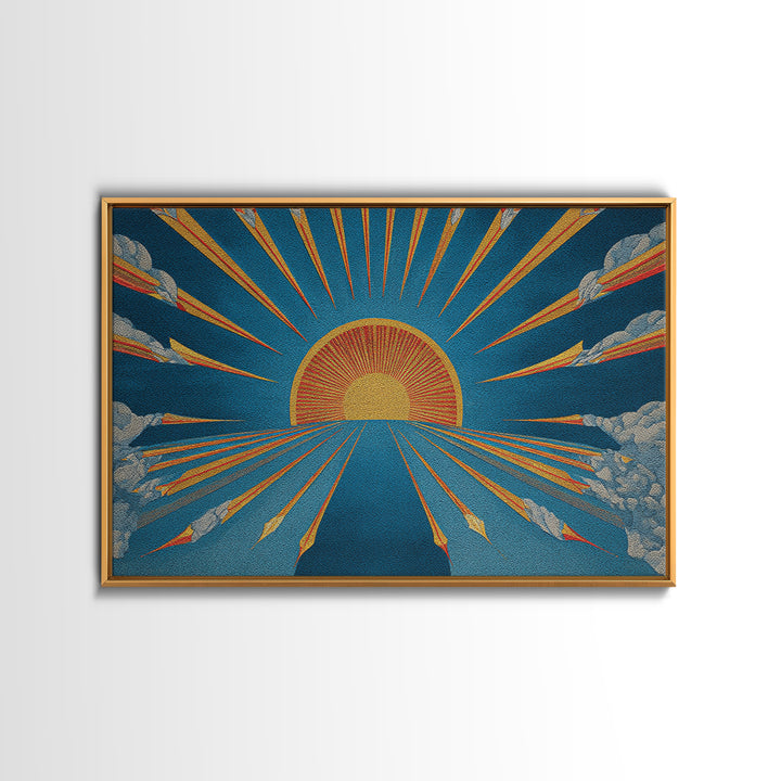Embroidered Sunburst Canvas Print, Mid Century Modern Wall Art, Retro Sun Poster, Teal Orange Textile Style Home Decor Print