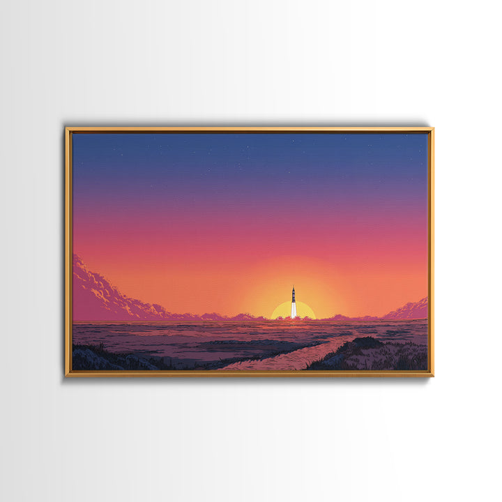 Rocket Sunset Landscape Wall Art, Retro Sci Fi Poster, Mid Century Modern Print, Orange Pink Desert Decor, Space Travel Art