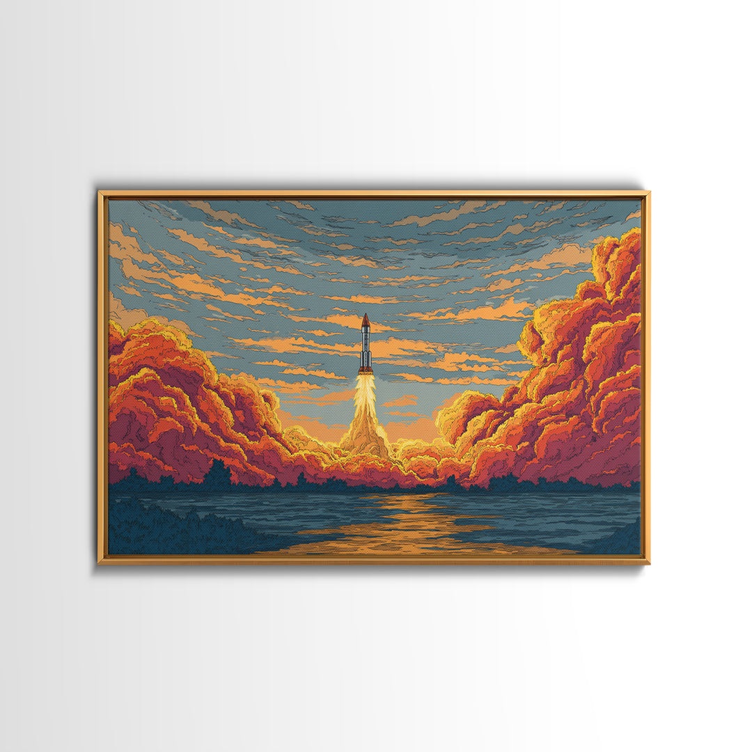 Rocket Launch Clouds Canvas Print, Retro Sci Fi Wall Art, Mid Century Modern Poster, Orange Blue Landscape Decor, Space Art Print