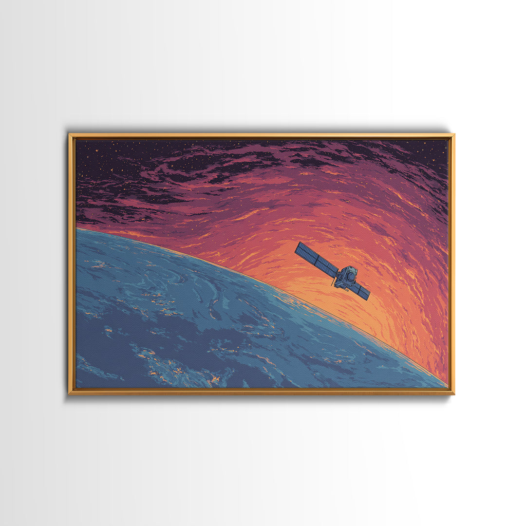 Satellite Over Blue Planet At Sunset, Retro Sci Fi Wall Art, Midcentury Modern Art Print, Space Poster For Home Office Decor