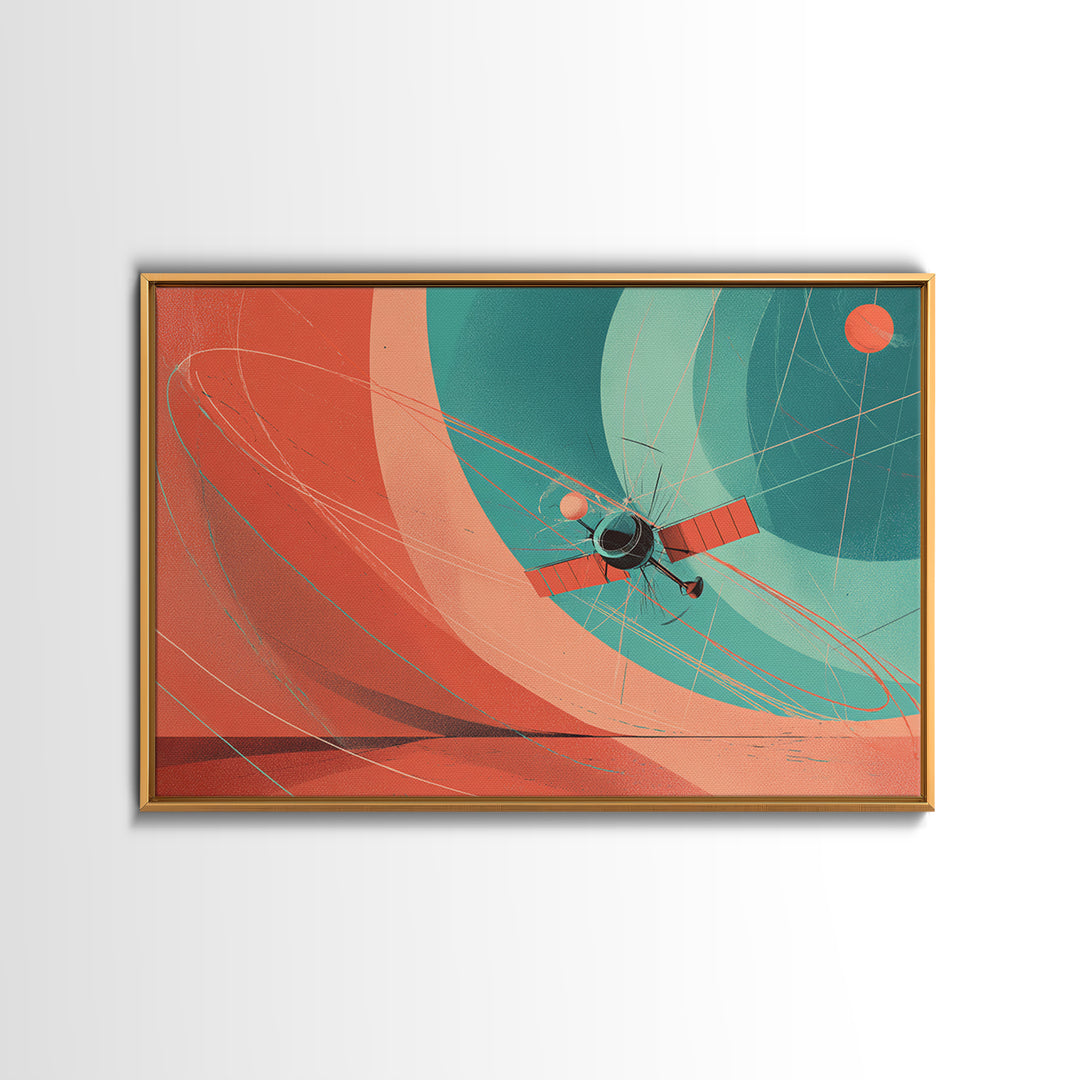 Abstract Satellite Orbit With Coral Teal Planets, Canvas Print, Midcentury Modern Wall Art, Geometric Space Poster Decor