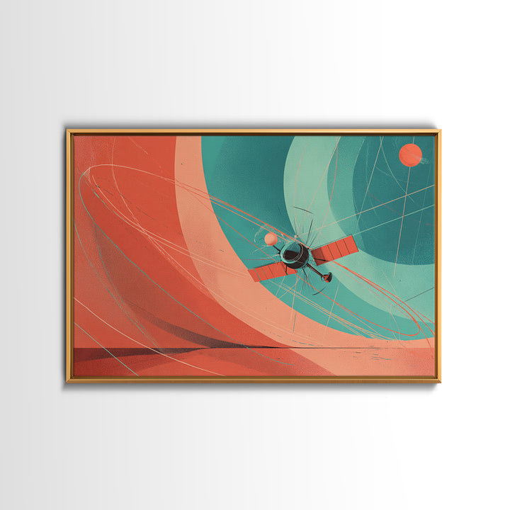 Abstract Satellite Orbit With Coral Teal Planets, Canvas Print, Midcentury Modern Wall Art, Geometric Space Poster Decor
