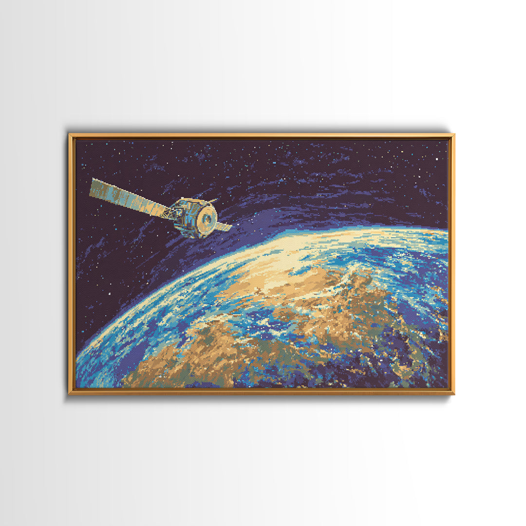 Satellite Over Earth With Stars, Midcentury Modern Wall Art, Retro Sci Fi Space Poster, Blue Canvas Print For Office Decor