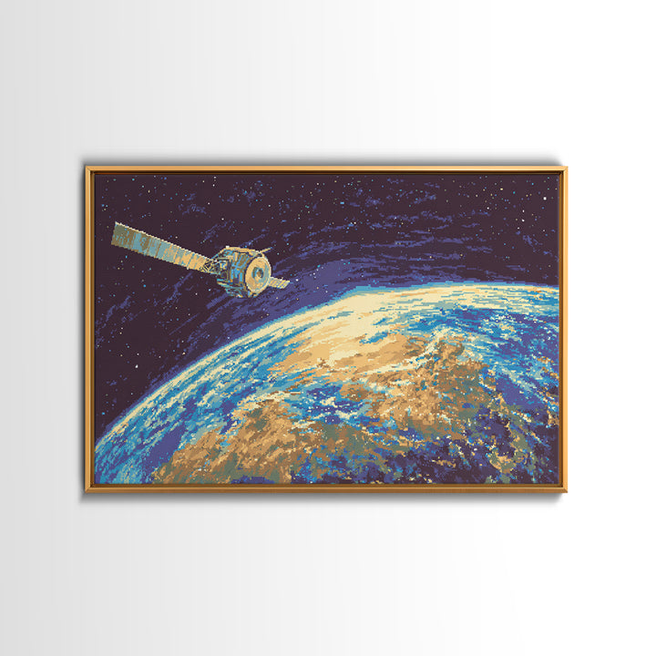 Satellite Over Earth With Stars, Midcentury Modern Wall Art, Retro Sci Fi Space Poster, Blue Canvas Print For Office Decor