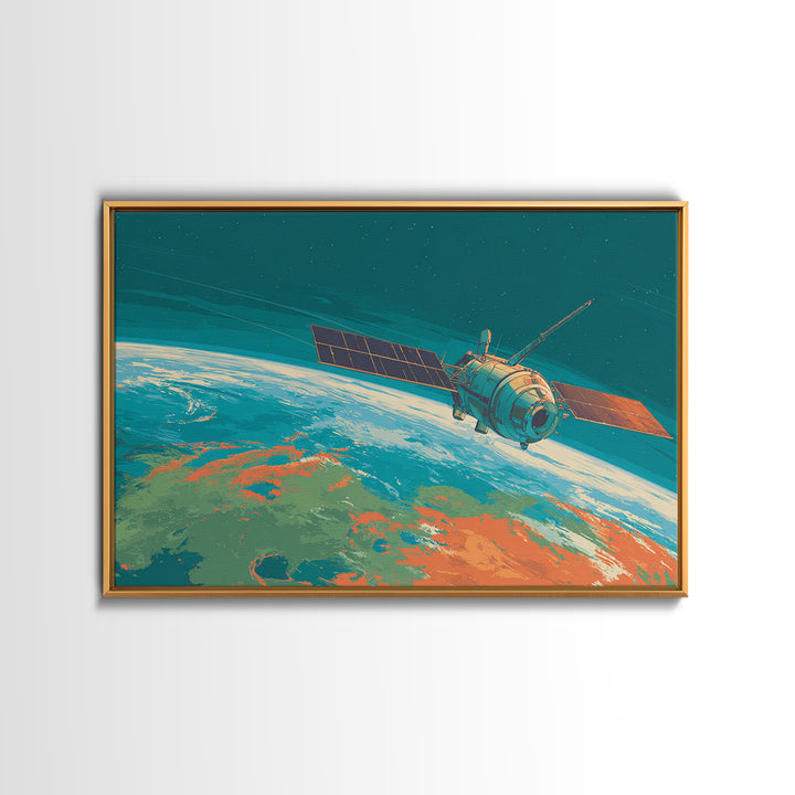 Teal Satellite Above Earth Horizon, Canvas Print, Midcentury Modern Wall Art, Retro Space Poster, Modern Home Office Decor
