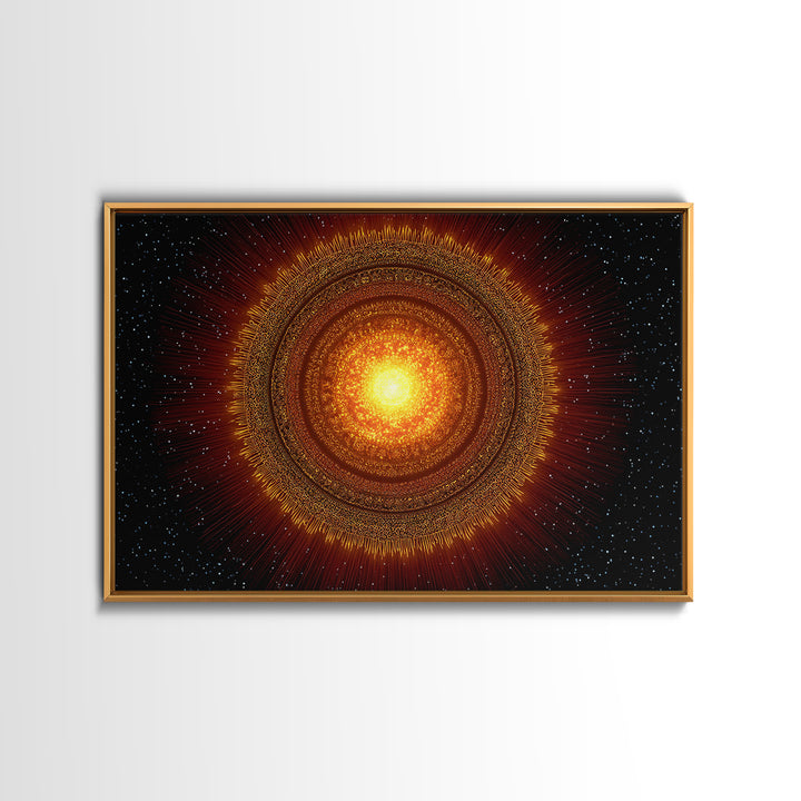 Radiant Orange Sun Star Mandala In Space, Midcentury Modern Wall Art, Cosmic Abstract Canvas Print, Spiritual Decor For Living Room