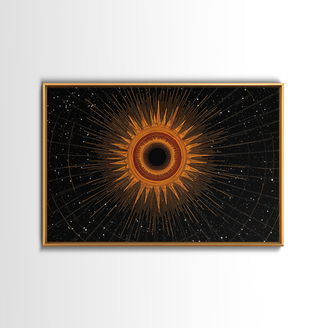 Orange Eclipse Starburst In Black Space Wall Art, Midcentury Modern Art Print, Atomic Retro Decor, Cosmic Abstract Poster