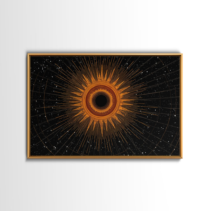 Orange Eclipse Starburst In Black Space Wall Art, Midcentury Modern Art Print, Atomic Retro Decor, Cosmic Abstract Poster
