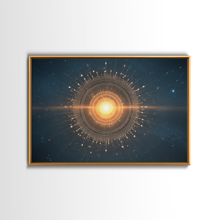 Glowing Golden Sun Mandala In Deep Space Canvas Print, Modern Abstract Art, Celestial Wall Decor, Midcentury Cosmic Poster