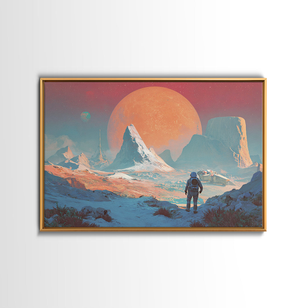 Pastel Astronaut Alien Planet Mountain Framed Canvas Print, Modern Sci Fi Wall Art, Pink Blue Landscape, Retro Space Decor