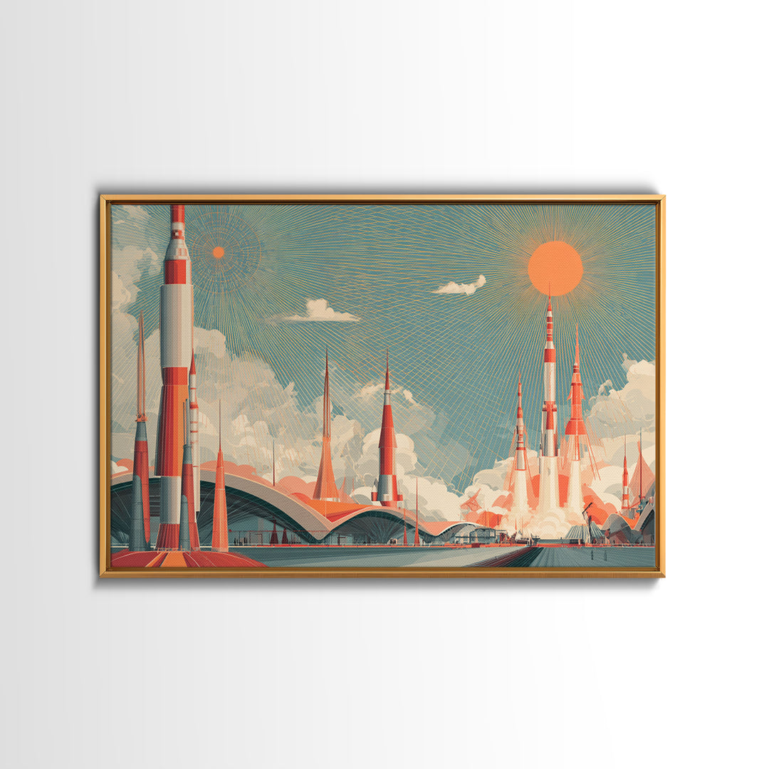 Retro Rocket City Launch With Orange Sun Wall Art, Midcentury Modern Space Poster, Atomic Architecture Decor, Teal Print