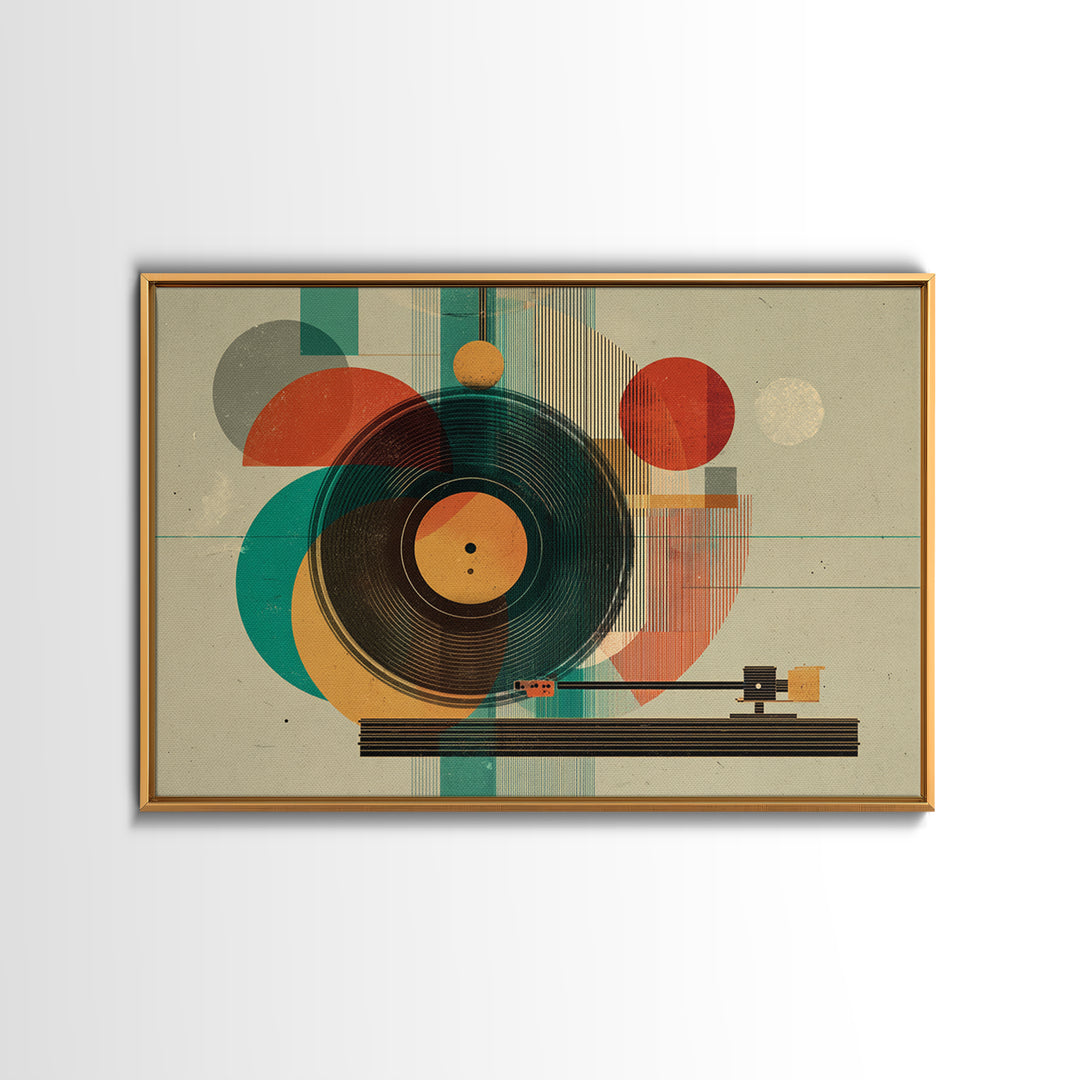 Teal Orange Geometric Turntable Wall Art, Mid Century Modern Record Player Decor, Abstract Music Poster, Retro MCM Print