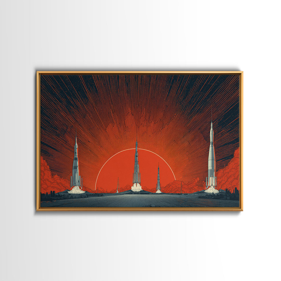 Rocket Sunscape Wall Art, Retro Futuristic Space Poster, Midcentury Modern Art Print, Large Atomic Orange MCM Wall Decor